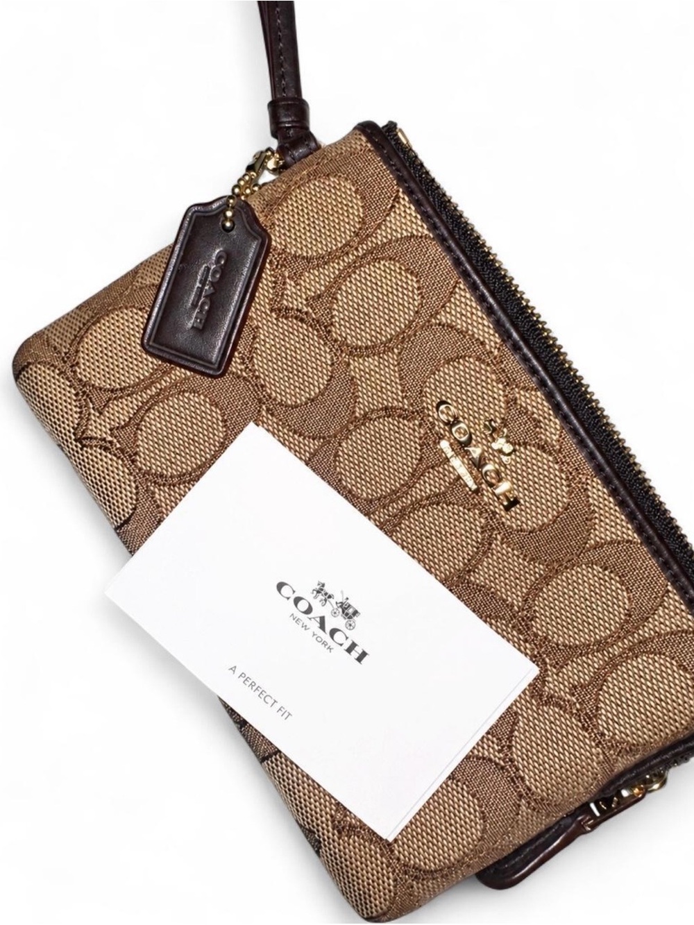 Coach Brown and Tan Signature Double Zip Wristlet